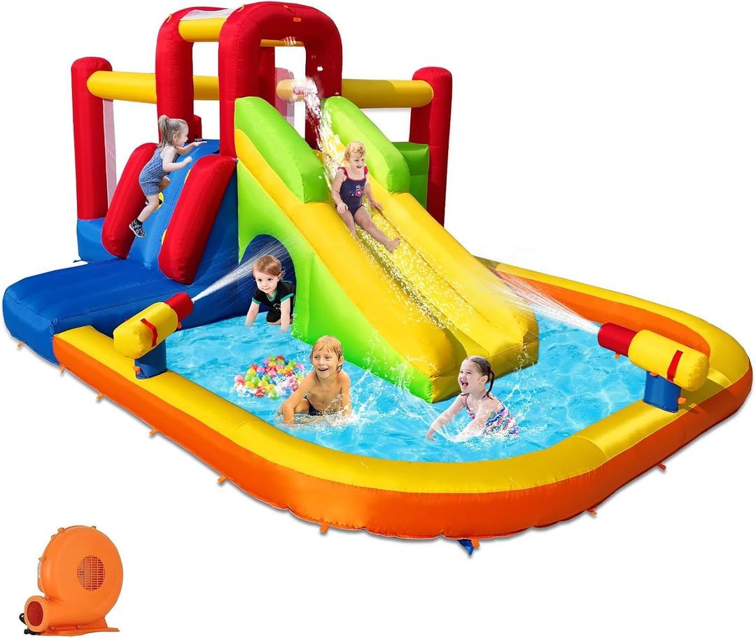 Hongcoral Bounce House Inflatable Water Slide for Kids, Water Park With Splash Pool, Double Cannon, 2 Climbing Walls, Obstacles, Blow Up Jumping Castle With Blower