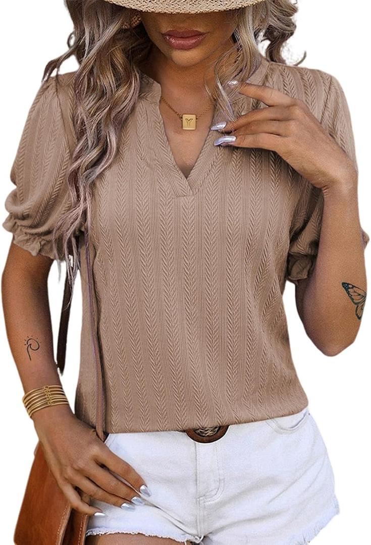 Dokotoo Womens Summer Short Puff Sleeves Blouses Shirts V Neck Cute Solid Knit Textured Casual Regular Fit Tops (Large, Light French Beige)