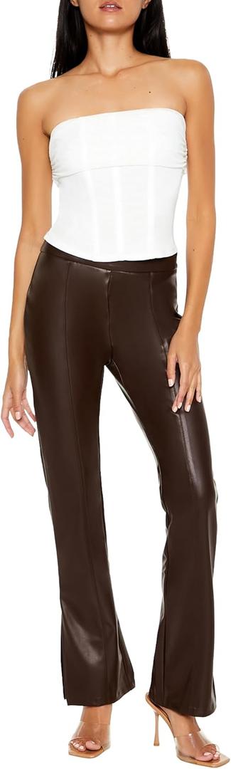 Forever 21 Womens Faux Leather Split-Hem Flare Pants (Small, Brown)
