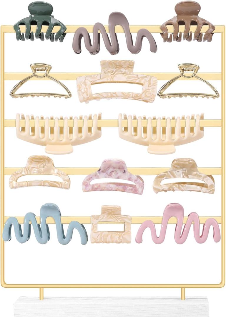 SNOWSTAR Hair Claw Clip Holder Organizer - 5 Tier Iron Rod Hair Clip Holder Storage for Women Girls, Wood Base Desktop Organizer (Gold)