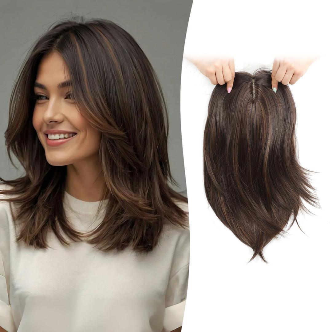 Hair Topper 12inch Clip in Synthetic Hair Toppers for Women with Thinning Hair Layered 6.5"X6.5" Big Base Toppers Hair Pieces for Women Natural Look Medium Brown with Highlights