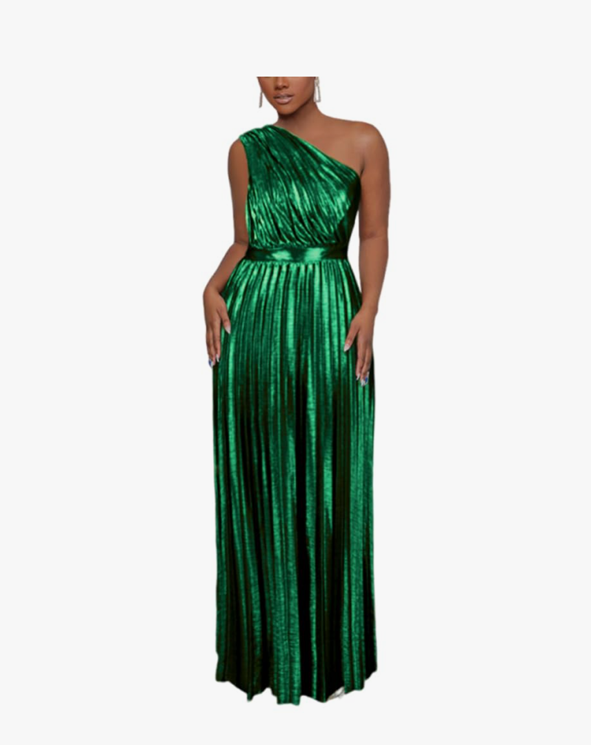 AOMEI Women's Luxury Metallic One Shoulder Sleeveless Elegant Pleated Long Dress, 3XL