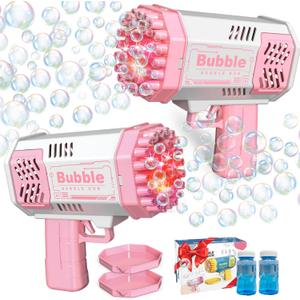 2 Bubble Dispenser with 2 Bottles Refill Solution for Kids, 40-Hole Light Up Bubble Machine for Toddlers 1-3, Pink Bubble Blaster Maker, Party Favors Toys for Boys Girls 4-8 Birthday Gifts