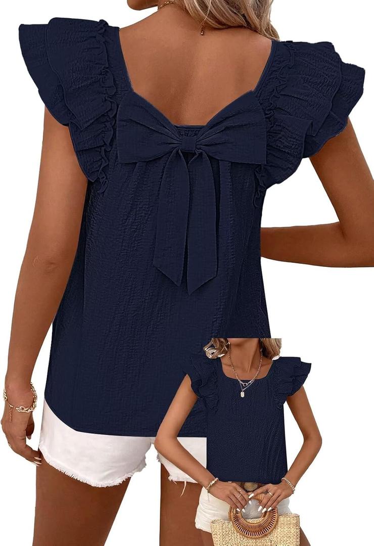 Falechay Womens Bow Tie Back Tops Round Neck Ruffle Short Sleeve Shirts Cute Babydoll Chiffon Tee Women Summer Trendy Tunic (Blue, L)
