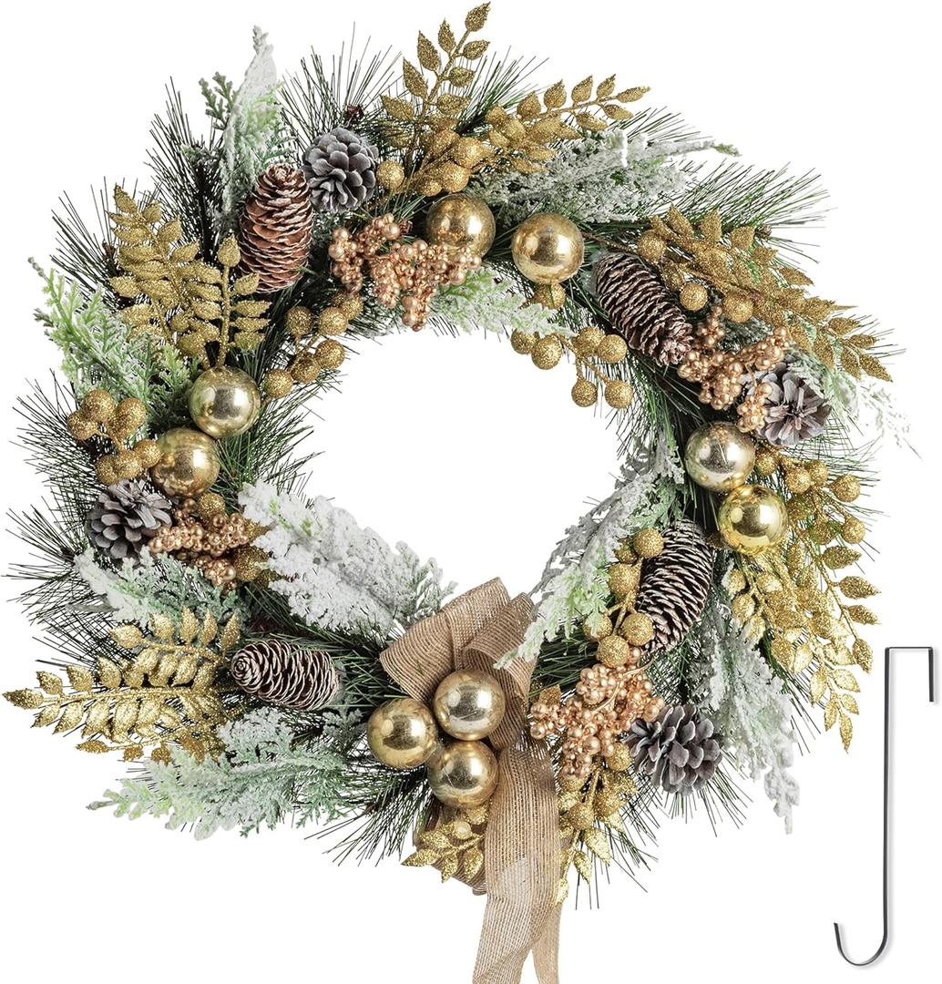 Christmas Wreath for Front Door 20", Artificial Flocked Winter Door Wreath with Golden Christmas Balls Leaves Berries Snowy Twig Pinecones, Holiday Wreaths for Front Door Windows Wall Home Dcor (Golden Leaves)