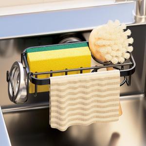4-in-1 Sponge Holder for Kitchen Sink with Strong Suction Cup Removable, Rustproof Aluminum Sink Caddy for Sponge, Brush, Scrubber, Scraper -Black
