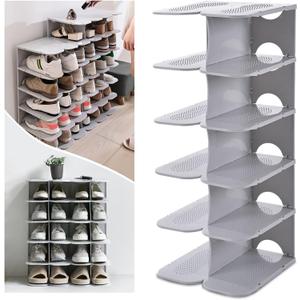 6-Tier Shoe Slots Organizer, Adjustable Vertical Narrow Stackable Shoes Rack for Closet, Free Standing Plastic Shelf Storage Stacker Saving Small Spaces and Entryway,Corner,Doorway,Grey