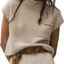 UANEO Sweater Vest Women Mock Neck Casual Cropped Knit Pullover Cap Sleeve Sweater for Women Top Spring (Small, Lightkhaki)