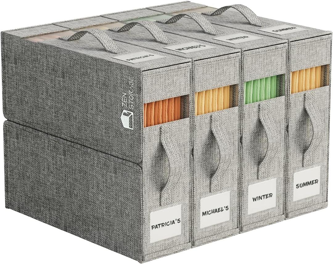 4 Pack Sheet Storage Box (King & Queen Size) with handle, Foldable Sheet Set Organizer for Closet, Sheet Organizer for Blanket, Coverlet and Towel, Grey