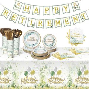 Zhehao 272 Pcs Sage Green Retirement Party Tableware Set Happy Retirement Tablecloths Plates Napkins Cups Forks Knives Spoons Banner for Retired Party Decoration Favors