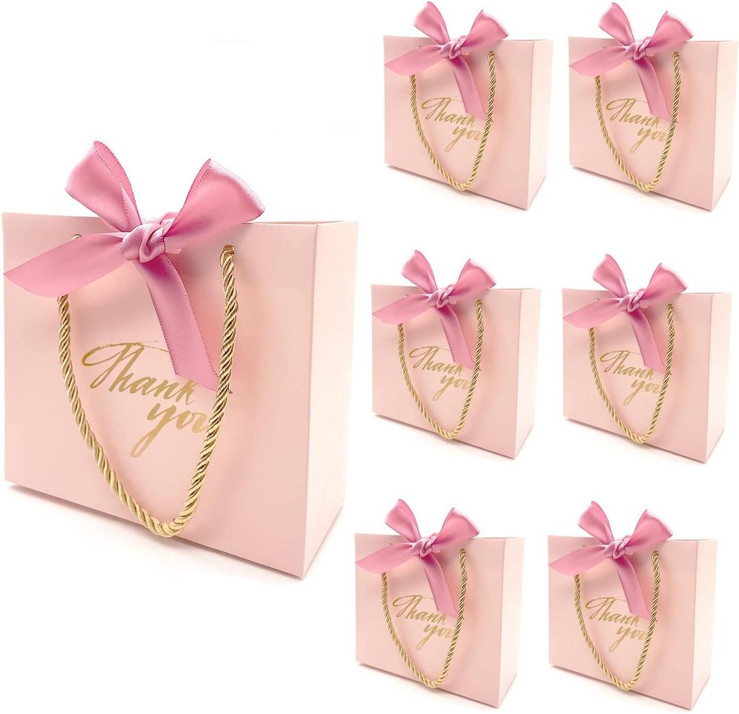 TKSBAG 20 Pack Small Pink Thank You Gift Bags With Handles-5.5''x 2.5''x4.7'' Mini Gift Bags Bulk for Baby Shower, Birthday, Wedding, Mother's Day