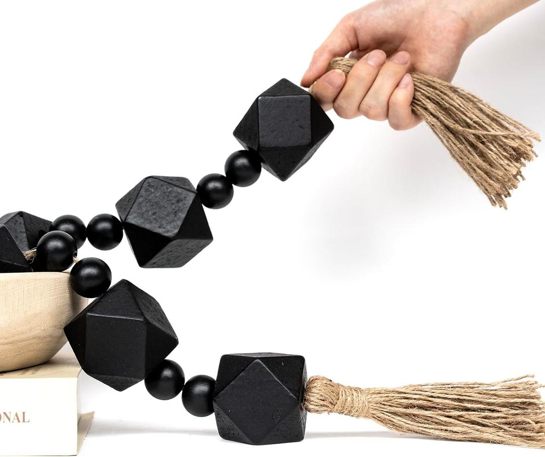 Extra Large Wood Bead Garland With 2" Diameter Geometric Wooden Beads, Tassels for Farmhouse Decor (Black, 56 Inches)