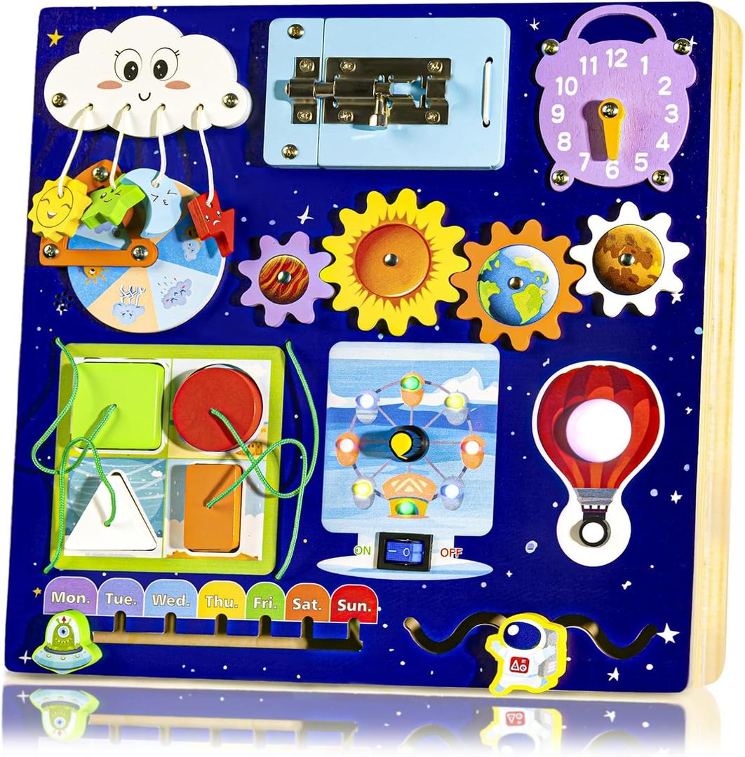 Wooden Busy Board with LED Light - Montessori Toddler Toys for 1-4 Years Old Boys & Girls, Sensory Toys for Fine Motor Skills - Travel Educational Learning Activities for Kids with Autism