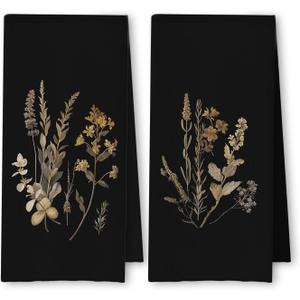 Boho Vintage Botanical Kitchen Towels Set of 2, Rustic Elegant Floral Dish Tea Towels for Kitchen Decor, Dark Cottagecore Flower Plants Hand Towels for Bathroom Decor, 16x24 Inches