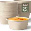 32 Ounce Large Paper Bowls Disposable Soup Bowl Disposable Heavy Duty Compostable Bowls, Eco-friendly Sugarcane and Bamboo Bagasse Biodegradable Bowl for Soup, Salad, Dessert, Ice Cream [100 Pack]