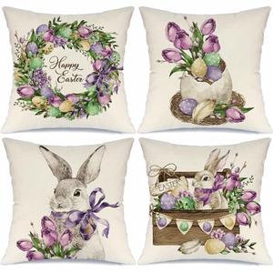 MODOVOS Easter Tulips Eggs Wreath Rabbit Throw Pillow Covers 18x18 Set of 4 Buuny Spring Farmhouse Cushion Case Decoration for Sofa Couch