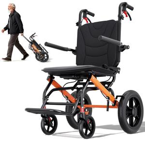 ProTraverse Wheelchairs for Adults,Transport Wheelchair Lightweight Foldable with Removable Cushion,Ergonomic Transfer Chair with 12-inch Rear Wheels for All Terrains,Travel Wheelchair, Orange