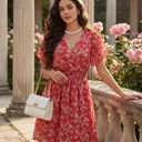 Womens Summer Ruffle Short Sleeve Dress V Neck Flowy Chiffon Layers Boho Dresses (Red)