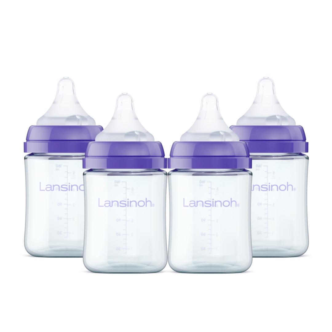 Lansinoh AntiColic Baby Bottles, BPAFree Plastic, 5 Ounces, 4 Count, Extra Slow Flow Nipples (Size XS), Breastfeeding Bottle with NaturalWave Design