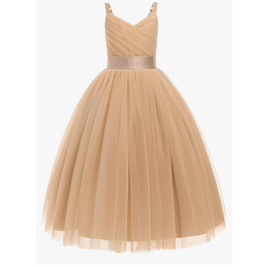Flower Girl Dress for Wedding Pleated V Neck Satin Tulle Princess Dress Junior Bridesmaids Pageant Formal Ball Gown, No Size, Beige