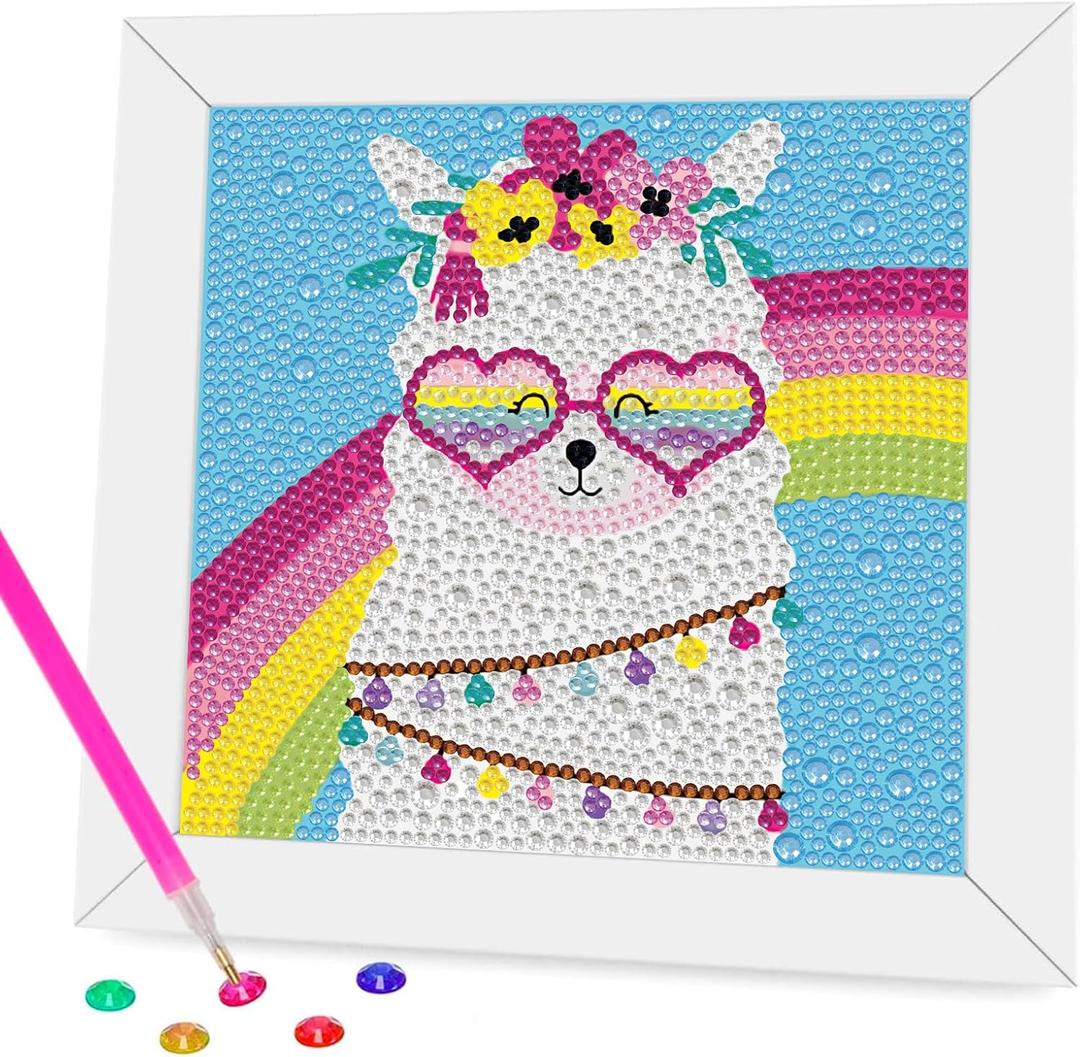 CHWGLFGG Diamond Art Kits for Kids with Wooden Frame, Alpaca Diamond Painting Kits for Beginners, DIY Big Gem Paintings Kits Animal Diamond Dots for Kids Ages 8-12, Home Wall Decor 7x7 Inch