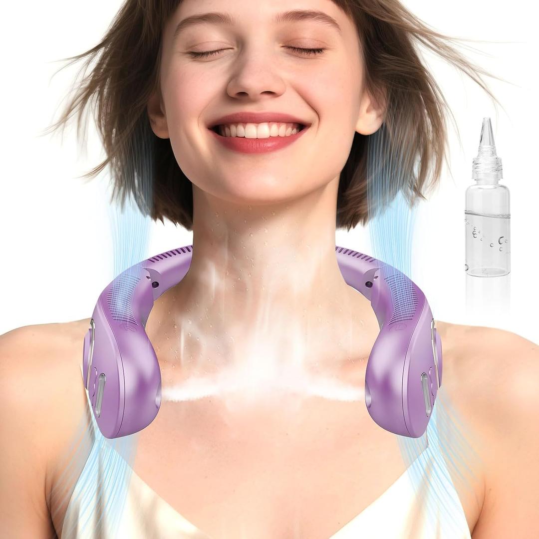 Neck Fans Portable Rechargeable Personal Misting Fan,Fold Up Compact Necklace Fan with Mist,Soundless Powerful Mobile Body Air Cooler with Digital LED Display, Presents for Adults Kids Elderly Purple, Normal