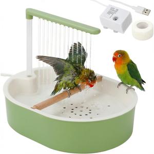 Generic Parrot Bathtub Adjustable Pump Gift Toy with Wooden Perches,Bird Automatic Bath Shower Box for Cockatiel Indoor Budgie, Green Shower Head