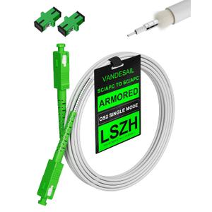 SC (Angled Physical Contact) Fiber Optic Internet Cable, OS2 Armored SC Fiber Patch Cable Single Mode with 2 Couplers, OS1 Compatible for Data Centers, LSZH White - 20M(65.6FT)