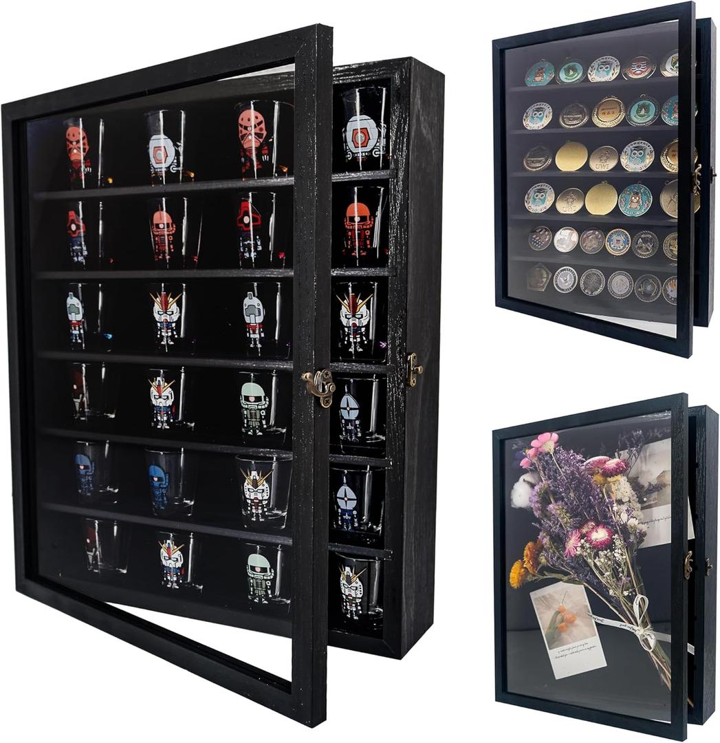 Shadow Box Frame Display Case 12x16 with Removable Shelves, Deep Memory Box Trinket Knick Knack Shelf Cabinet for Collector, Keepsake Coins Military Medals Wedding Flowers Black