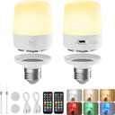 Minetom E26 Rechargeable Light Bulbs with Remote and Timer, Battery Backup Bulb with 12 Colors and Brightness Dimmable, 2300mAh 40W Equivalent LED Light Bulbs for Lamps Sconces Camping, 2 Pack