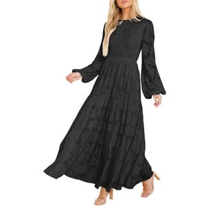 MITILLY Women's Elegant Floral Long Sleeve Round Neck Smocked A-Line Flowy Tiered Maxi Dress with Pockets (Large, Black)