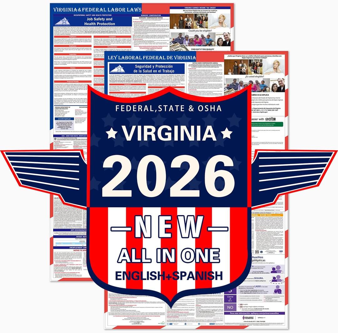 2026 Virginia State and Federal Labor Laws Poster  OSHA Compliant Laminated 24" x 36" English and Spanish Bundle 2 Pack Folded