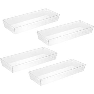 Backerysupply 4 Pack Storage Bins For Bathroom Cosmetic Makeup Vanity Clear Plastic Desk Drawer Organizers Tray Kitchen Utensils Silverware Dividers 15"x6"x2"