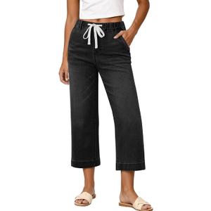GRAPENT Capris Jeans for Women Trendy Wide Leg Capri Pants High Waisted Pull On Elastic Waist Summer Stretch Denim Jeans (Black, XL)