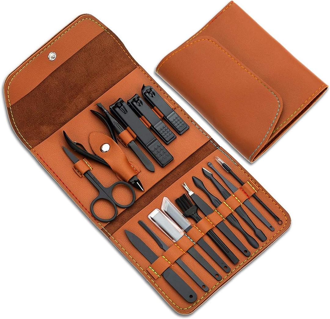 Gifts for Men/Women, Stainless Steel Manicure Set with PU leather case, Personal care tool (brown)