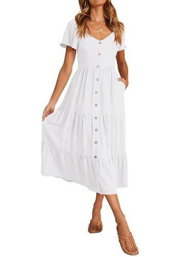 KIRUNDO Women 2025 Spring Summer Casual Short Sleeve Midi Dress Button V Neck Tiered Vacation Sundress with Pockets(White, X-Large)