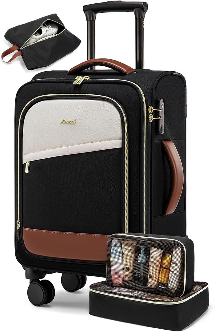 LOVEVOOK 4 Pcs Carry On Luggage 22x14x9 Airline Approved, 20 Inch Carry On Suitcases with Wheels, Softside Rolling Suitcase for Women Men, with TSA Lock Weekender Travel Luggage (Black-white-brown)