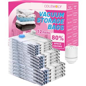 Colemoly Vacuum Storage Bags with Electric Air Pump 12 Pack Space Saver Vacuum Seal Bags for Clothing, Travel Essentials, Storage and Organization, Moving Supplies(4 Jumbo/ 4 Large/ 4 Medium)