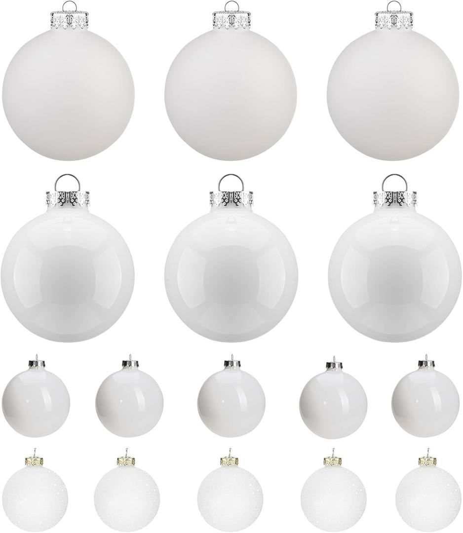 Vicenpal 16 Pcs White Glass Christmas Balls Ornaments Set 3.16"/1.8" Glass Christmas Tree Decoration Xmas Hanging Bulbs Ornaments for Xmas Tree Home Decor Party