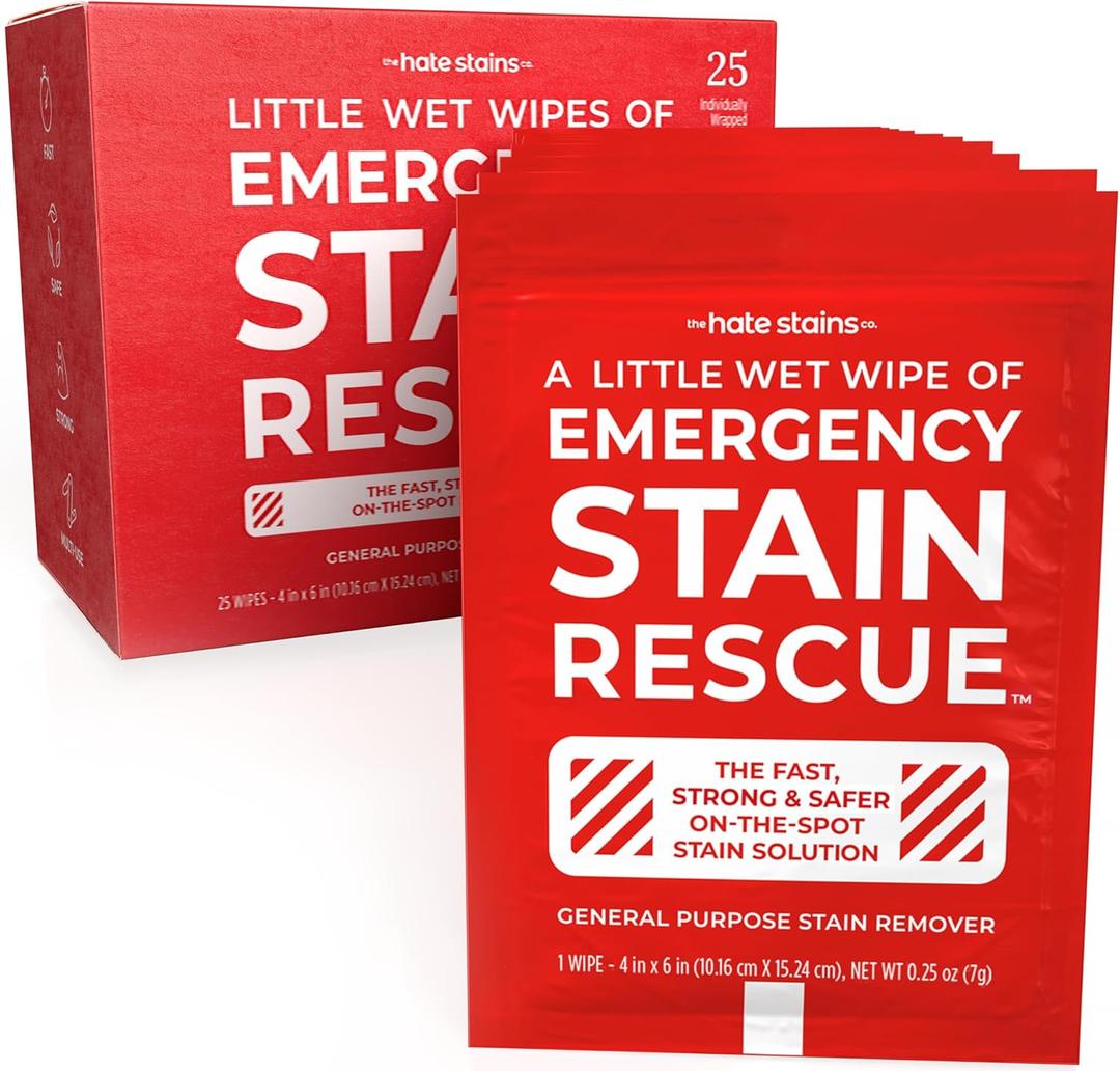 Emergency Stain Rescue Remover Spray  25 Wipes - Couch Stain Remover for Clothes, Fabric, Silk, Linen - Instant Cleaner Works on Blood, Grass, Coffee, Mud (1 Count (Pack of 25))