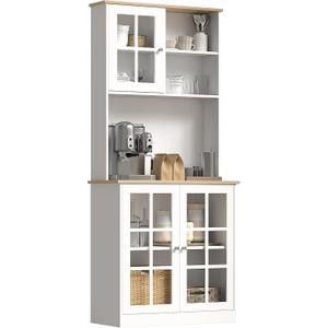 HOMCOM Kitchen Pantry Storage Cabinet, 72" Freestanding Cabinet with Hutch, Large Countertop, Glass Doors and Adjustable Shelves for Dining Room, White (1)