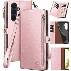 XcaseBar compatible with Samsung Galaxy A16 5G Wallet case with Zipper Credit Card HolderRFID Blocking,Flip Folio Book PU Leather Phone case Shockproof Cover Women Men for Samsung A16 case Rose Gold