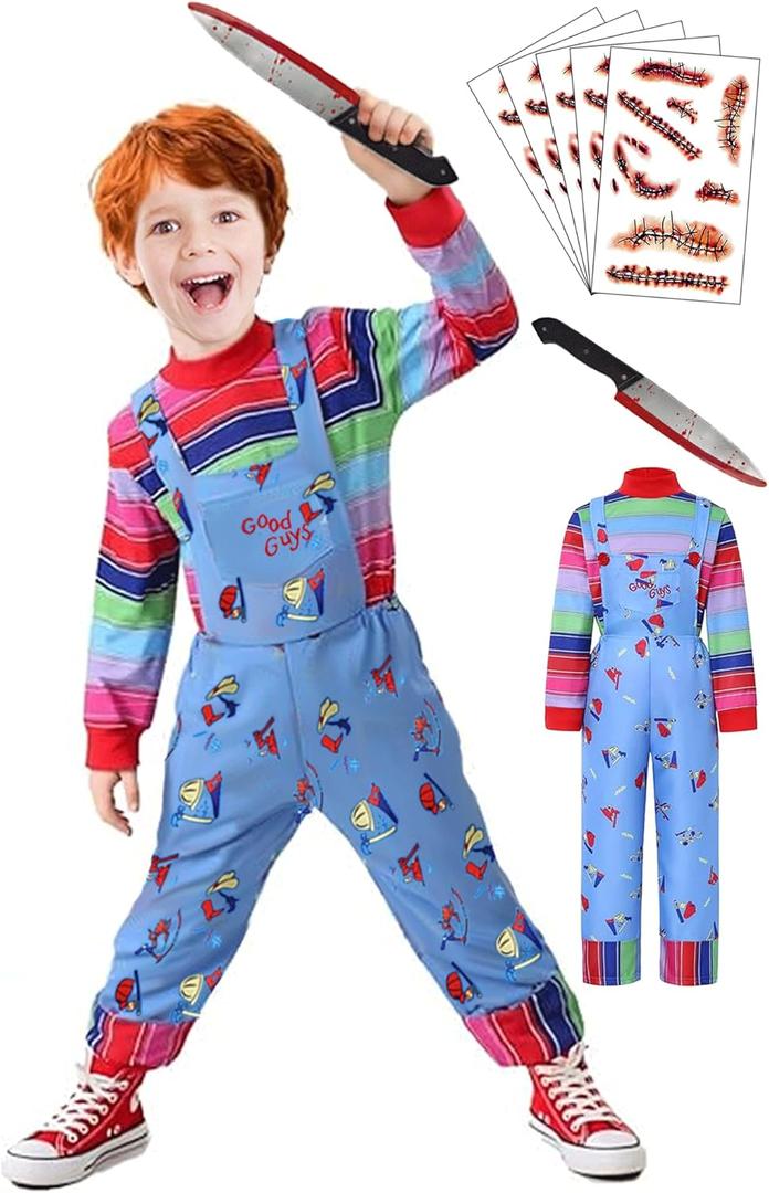 LENOAPHYS Five Sizes Halloween Chucky Costume for Kids Outfit Jumpsuit Long Sleeve Rainbow Shirt 5 Sheets Scar Tattoos Prop Knife Toy - XS Size