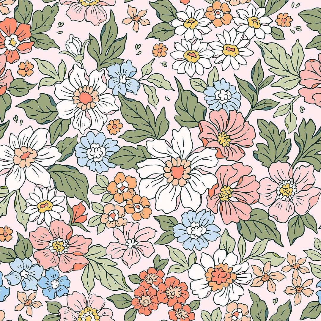 VEELIKE Meadowfield Poppy Peel and Stick Wallpaper - Vintage Multicolor Floral for Girls Room Nursery - 17.7''x118'' Self Adhesive Vinyl for Walls and Cabinets