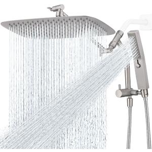 G-Promise All Metal 14 Inch Shower Head with Massage Mode Handheld, Rain Shower Head with Handheld Spray Combo, 3-Way Diverter with Pause Setting, 12 Inch Adjustable Extension Arm (Brushed Nickel)