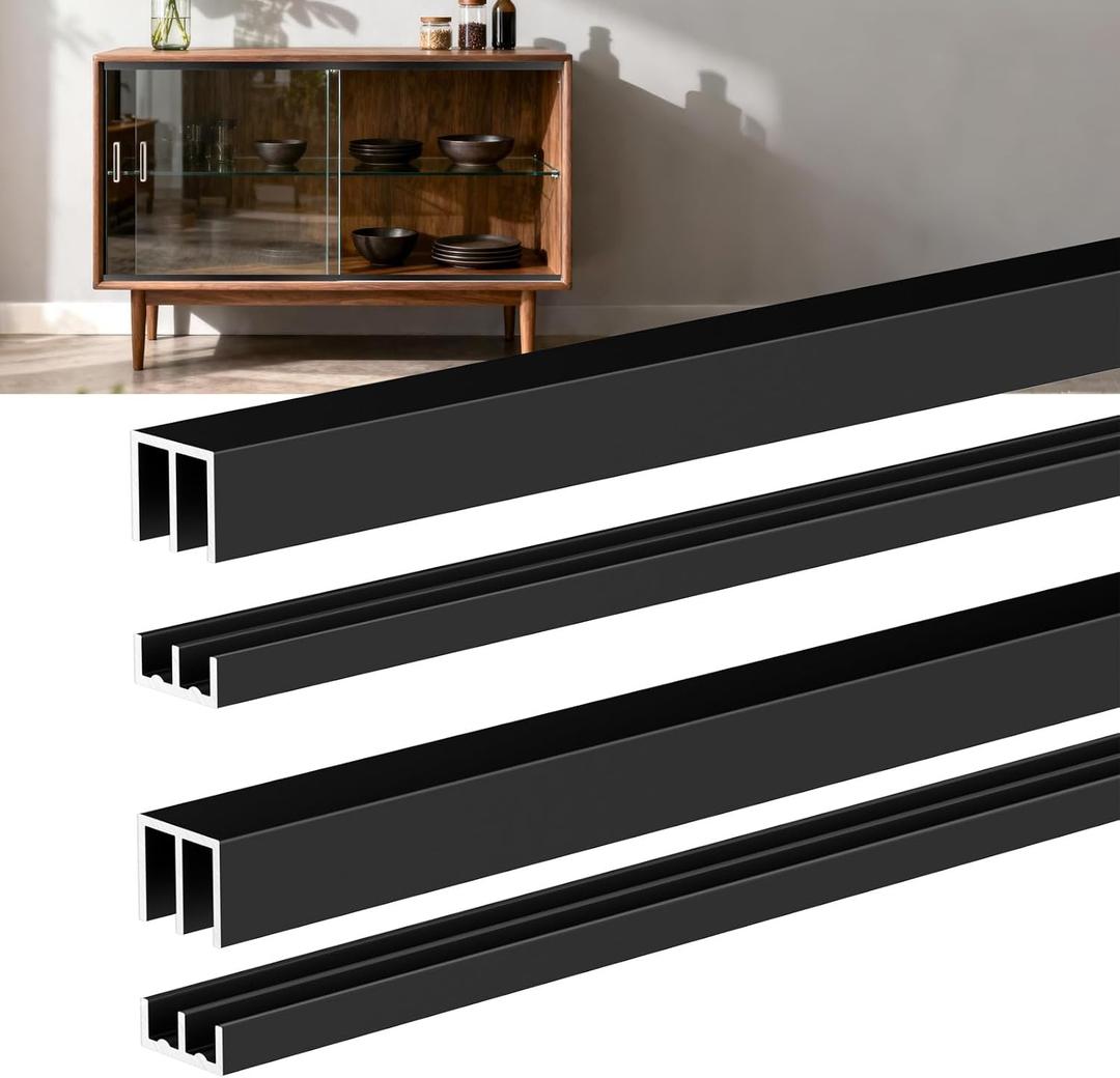 2 Sets 4FT Aluminum Sliding Door Track for 1/8" Thick Panels Closet Glass Doors Pet Cabinet Door Hardware Window Sliding Track System (Black)