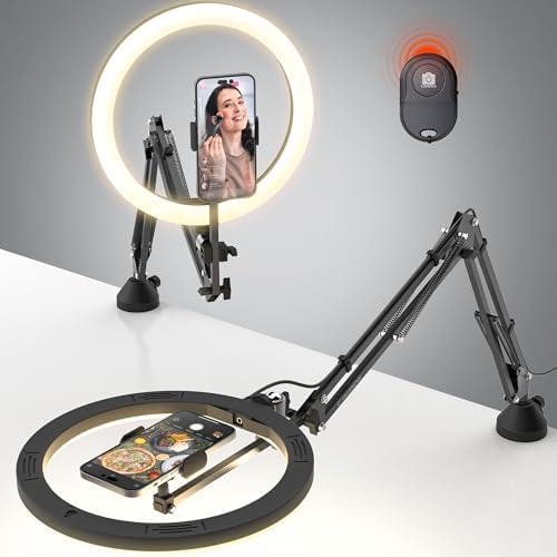 Upgrade Ring Light Overhead Phone Mount, 12”Circle LED Desk Ring Light with Clamp for Video Recording, Flexible Articulating Phone Arm Stand Compatible with iPhone, Live Streaming YouTube Tiktok