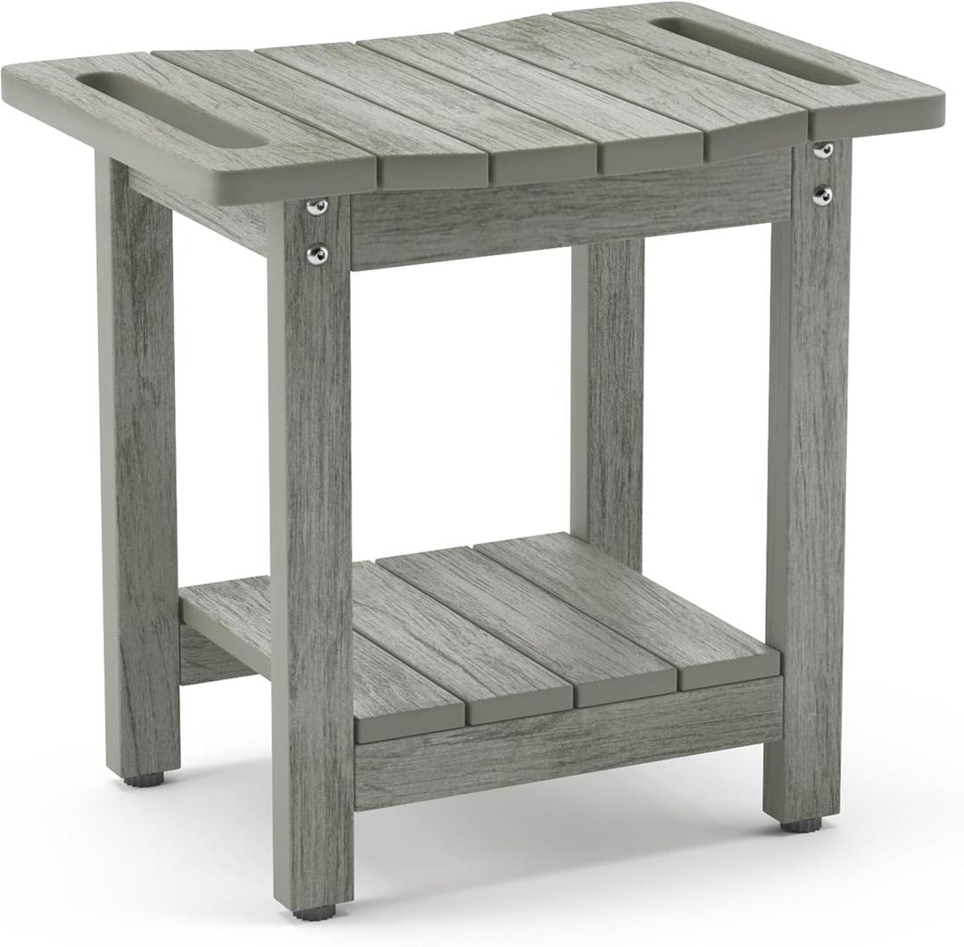LUE BONA HDPS Shower Benches for Inside Shower, Gray Shower Stool for Shaving Legs with Shelf, Waterproof Shower Chair Seat for Spa Bathroom, Weather Resistant/Non-Slip/Handles/Indoor or Outdoor Use (Light Gray-oil Printed)