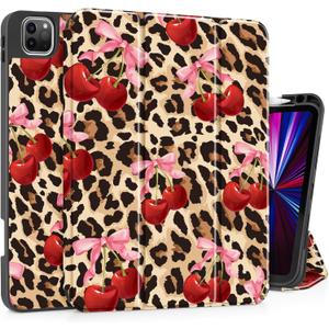 May Chen Case for iPad Pro 11 inch (4th, 3rd, 2nd & 1st Gen) 2022 2021 2020 2018, Trifold Stand + Pencil Holder + Auto Wake/Sleep + Soft TPU Protective Stand Back Cover, Cherry & Cheetah