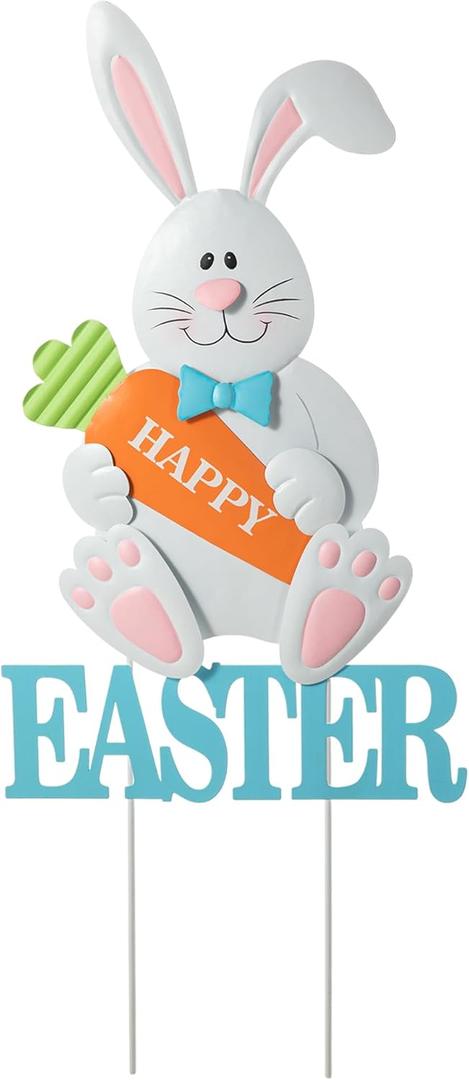 Glitzhome Easter Yard Signs Decorations Outdoor 30" H Metal Happy Easter Bunny Yard Stakes Hanging Wall Decors Standing Decorations